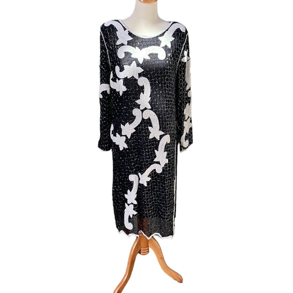 Hand Beaded Silk Iridescent Black Beads&White Seed Pearl DRESS